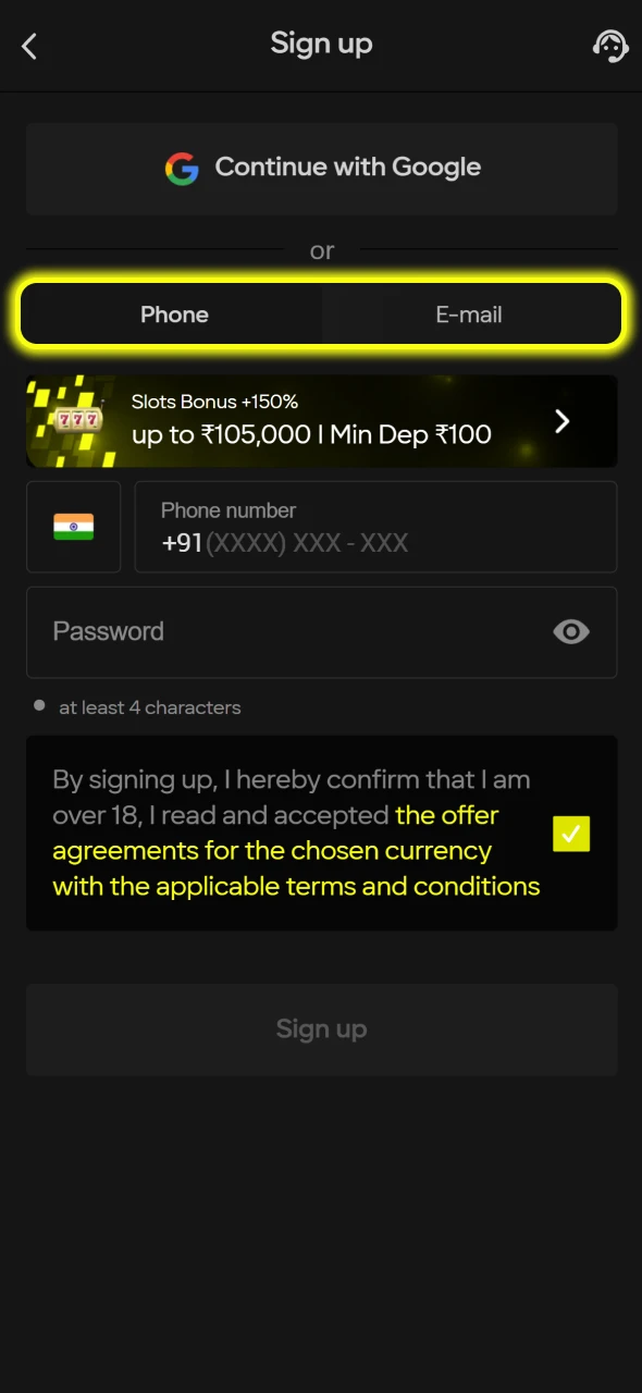 Choose the registration method that you prefer at Parimatch.