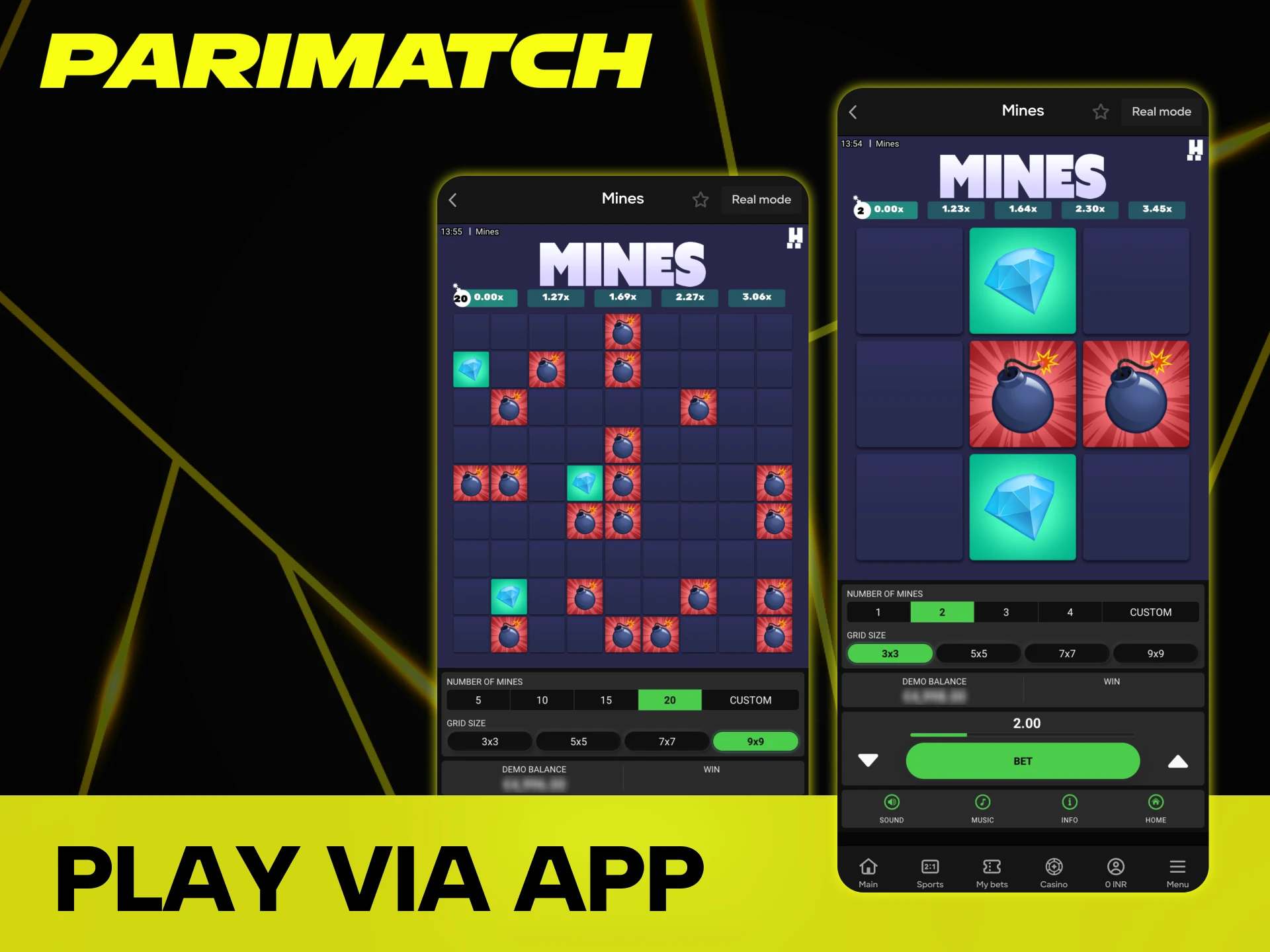 Parimatch mobile app makes Mines game easy to play.