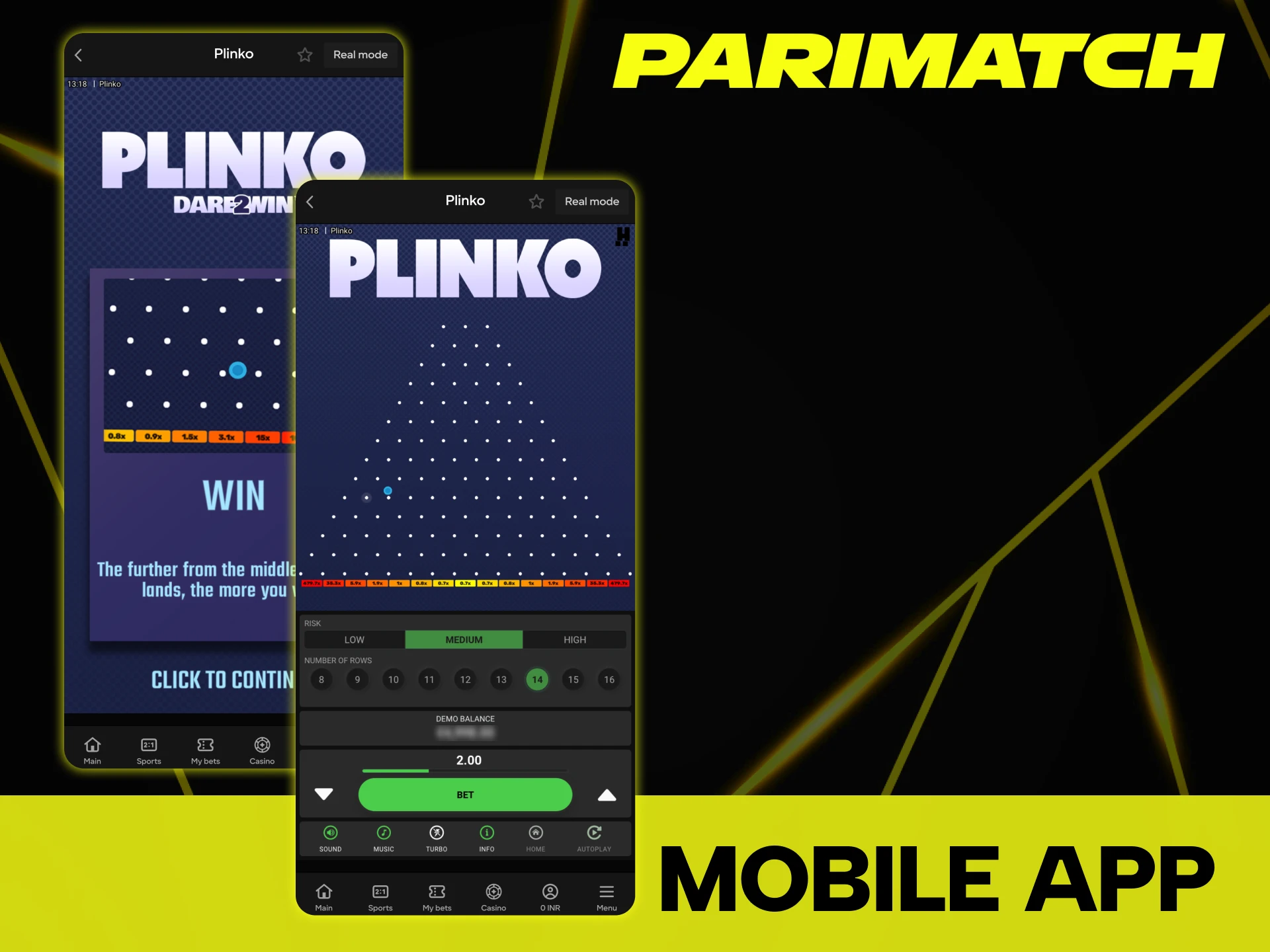 Drop balls in Plinko game with Parimatch official app.