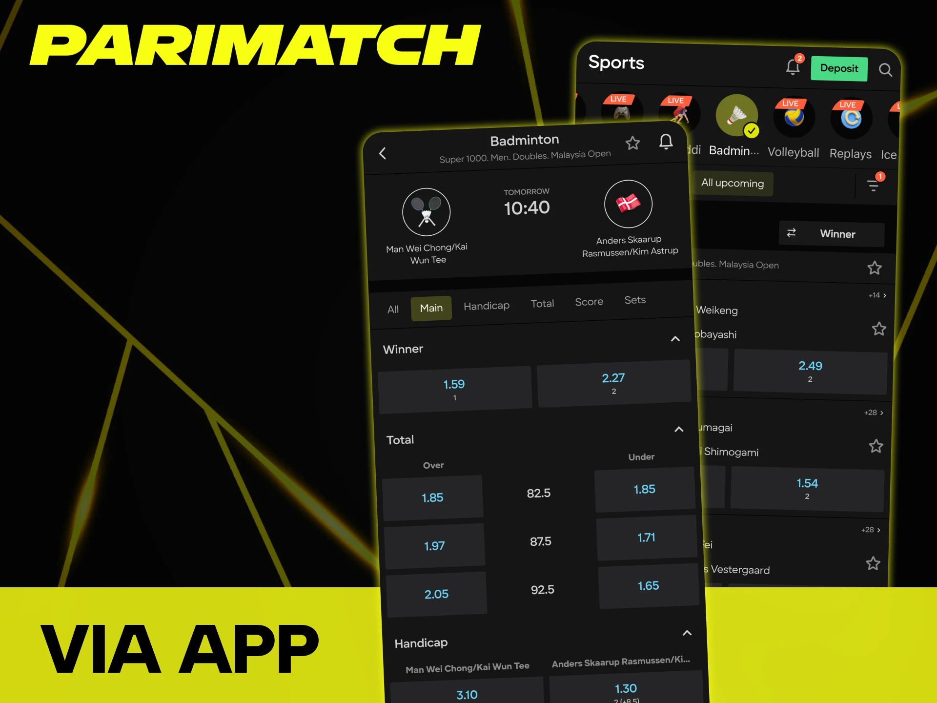 Parimatch offers convenient badminton betting mobile apps.