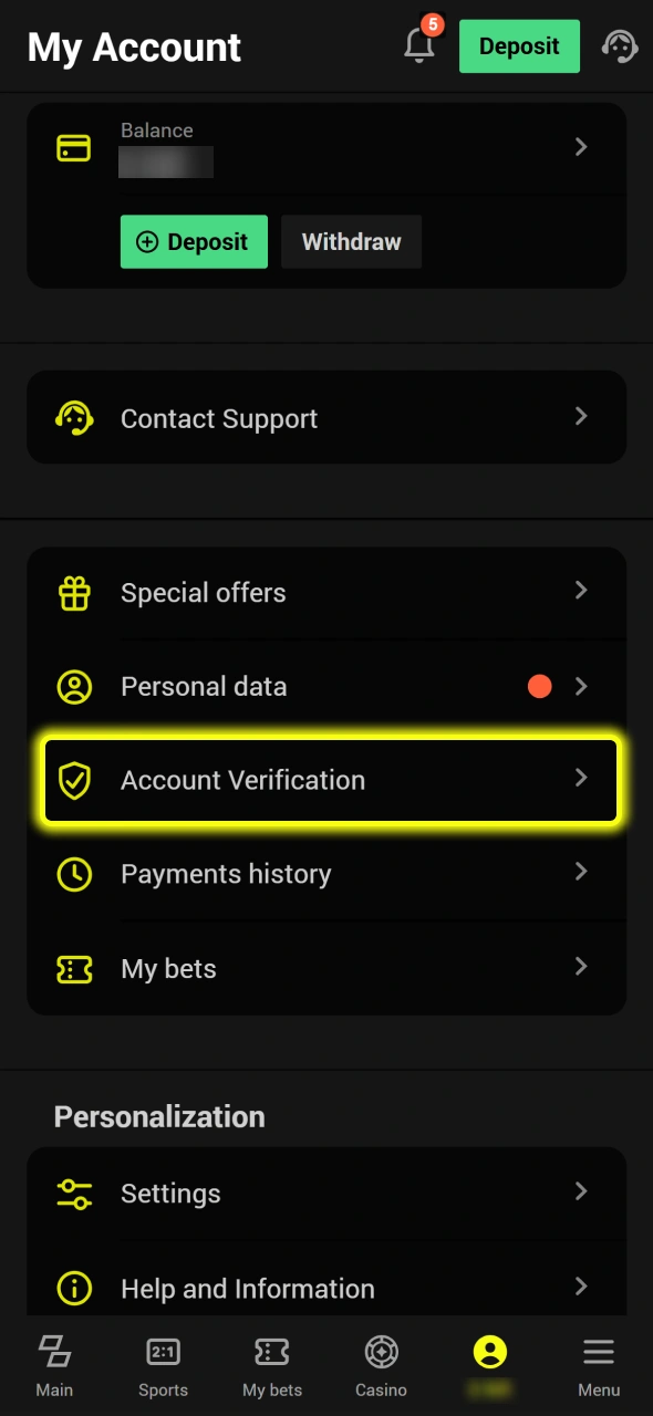 Navigate to the account verification section to secure your profile at Parimatch.
