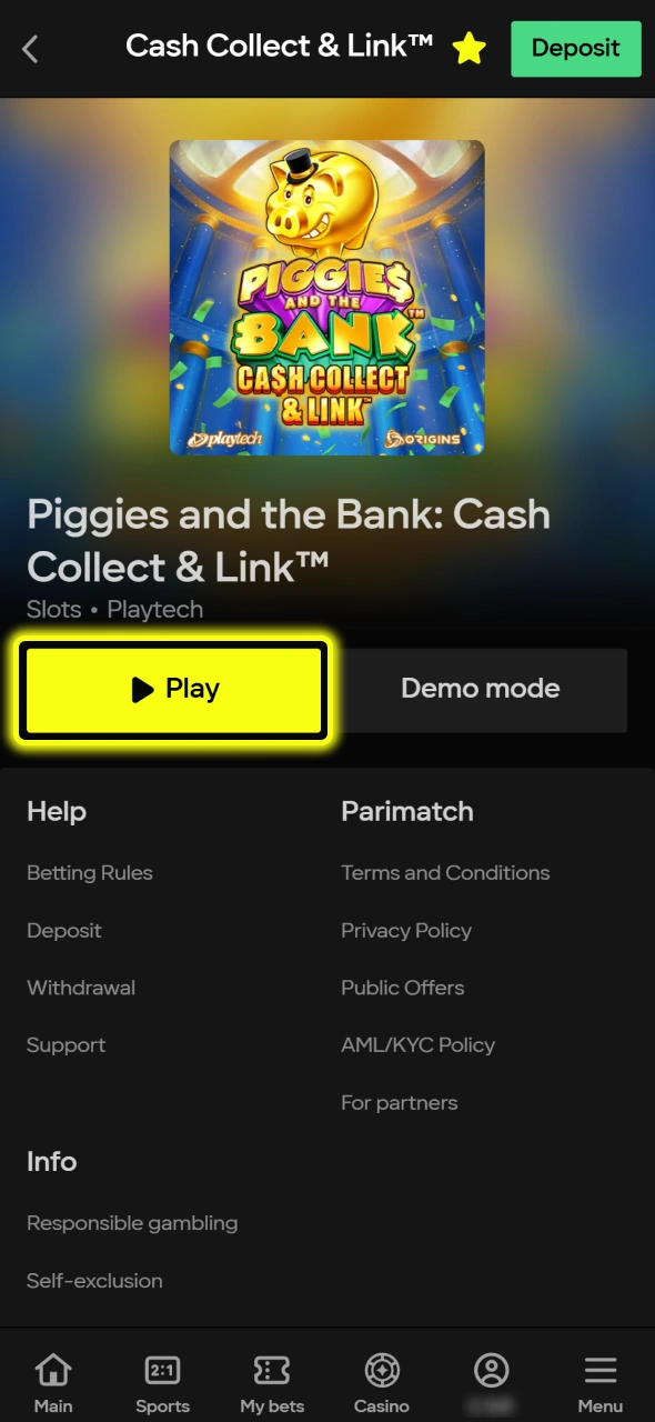 Click the Play button to launch the Piggies and the Bank slot game at Parimatch.