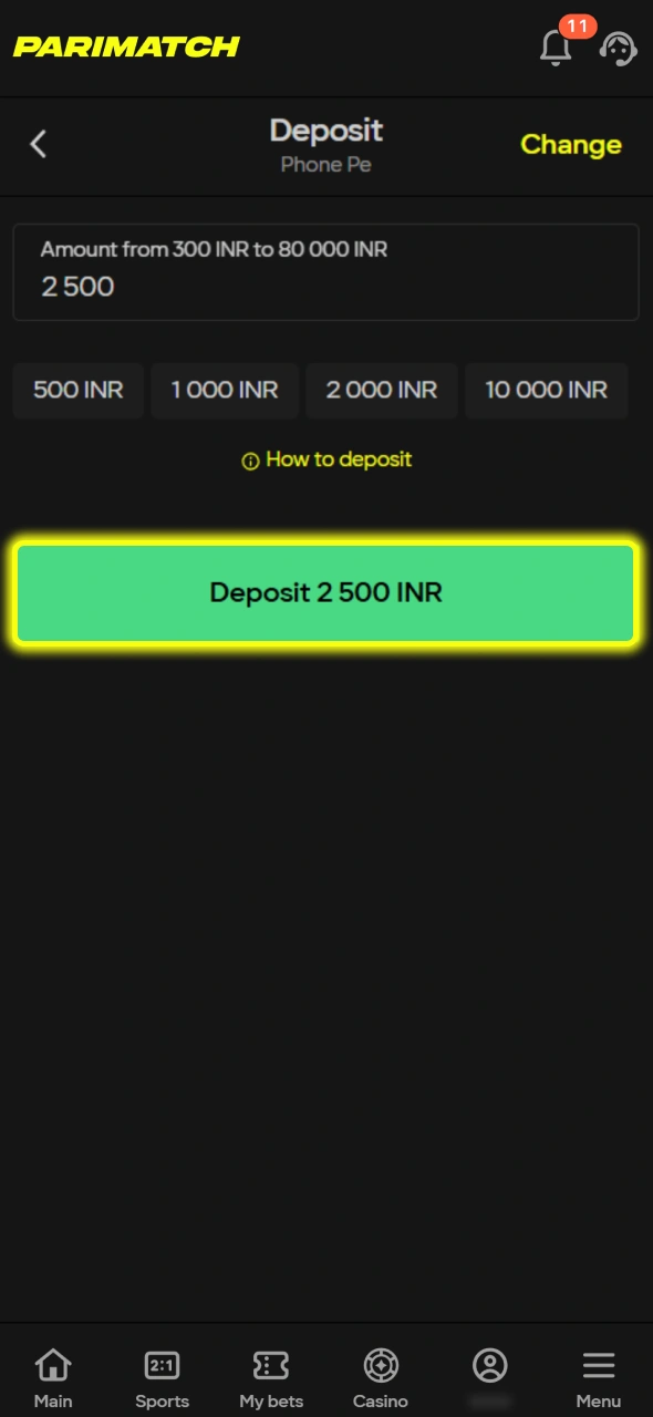 Select your deposit amount to fund your account for Piggies and the Bank at Parimatch.