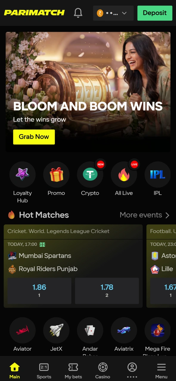 Navigate the Parimatch mobile app to find hot matches and loyalty rewards.