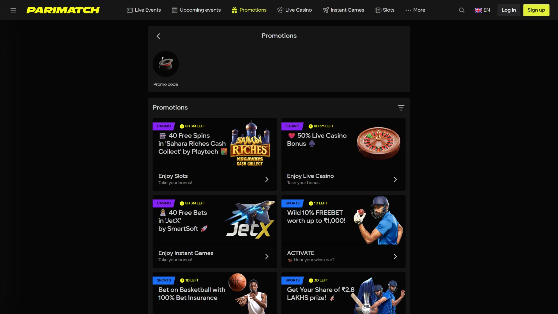 Explore various sports and casino promotions on the Parimatch desktop site.